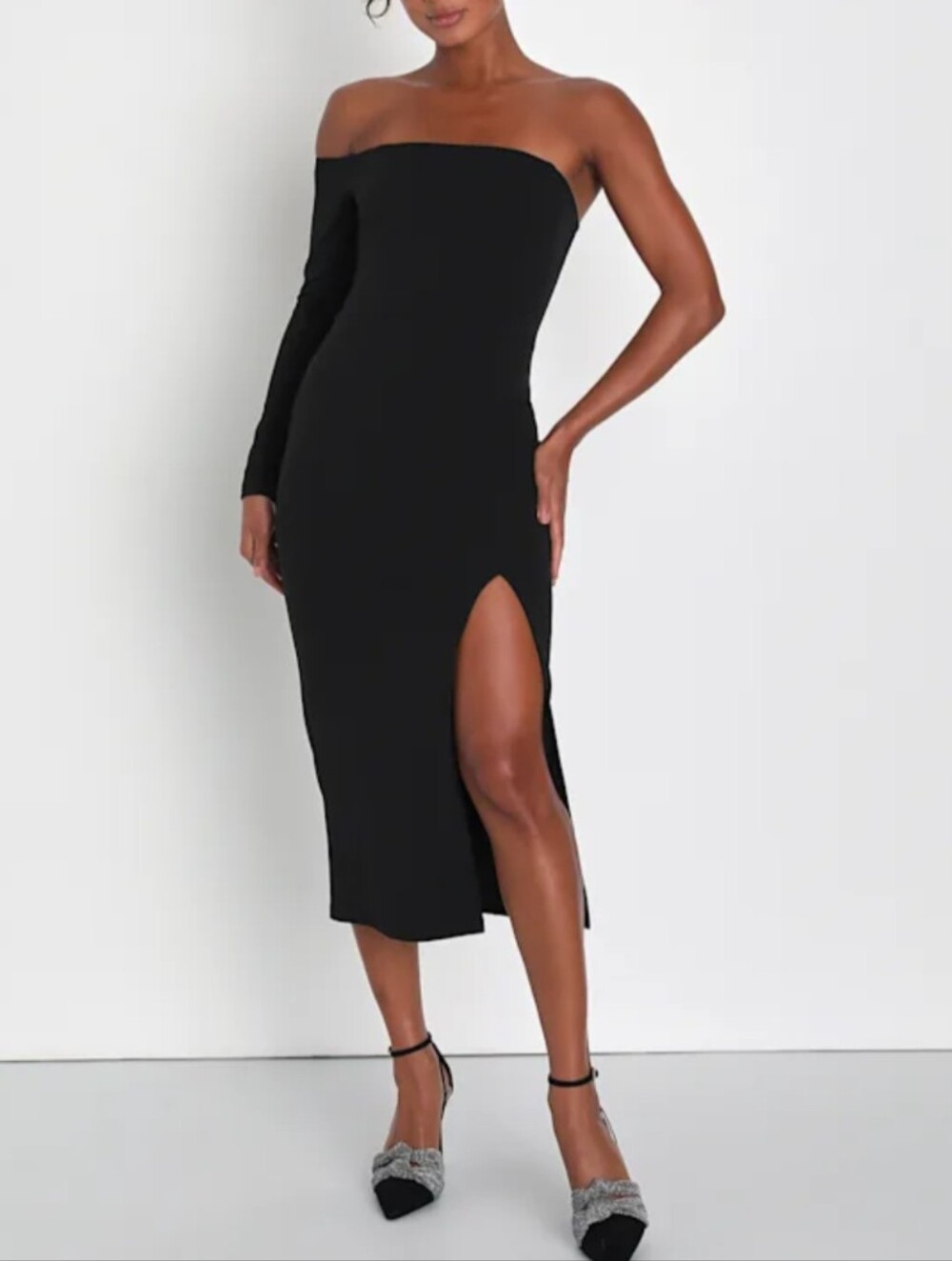 Lulu's Black One-Shoulder Midi Skirt-Dress with Side Thigh Slit